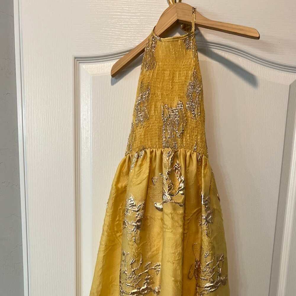 ZARA Yellow with Gold Textured Accents, Open Back Halter Dress